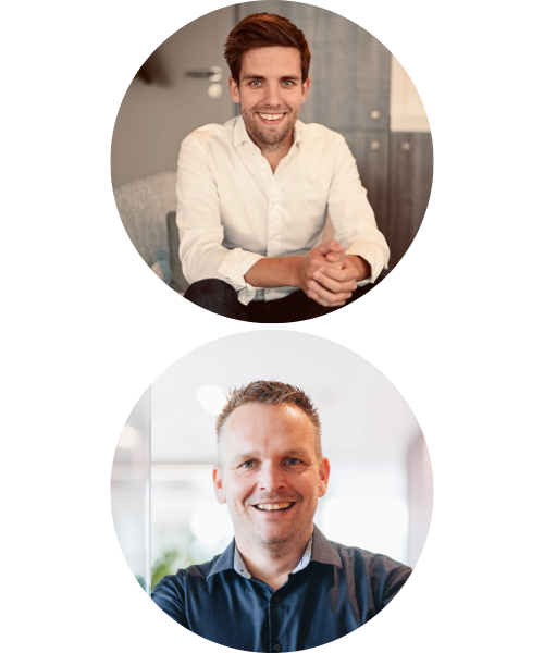 Twee zakelijke portretfoto’s van mannen in een kantooromgeving, met witte en donkere blouse, geschikt voor professionele bedrijfscommunicatie