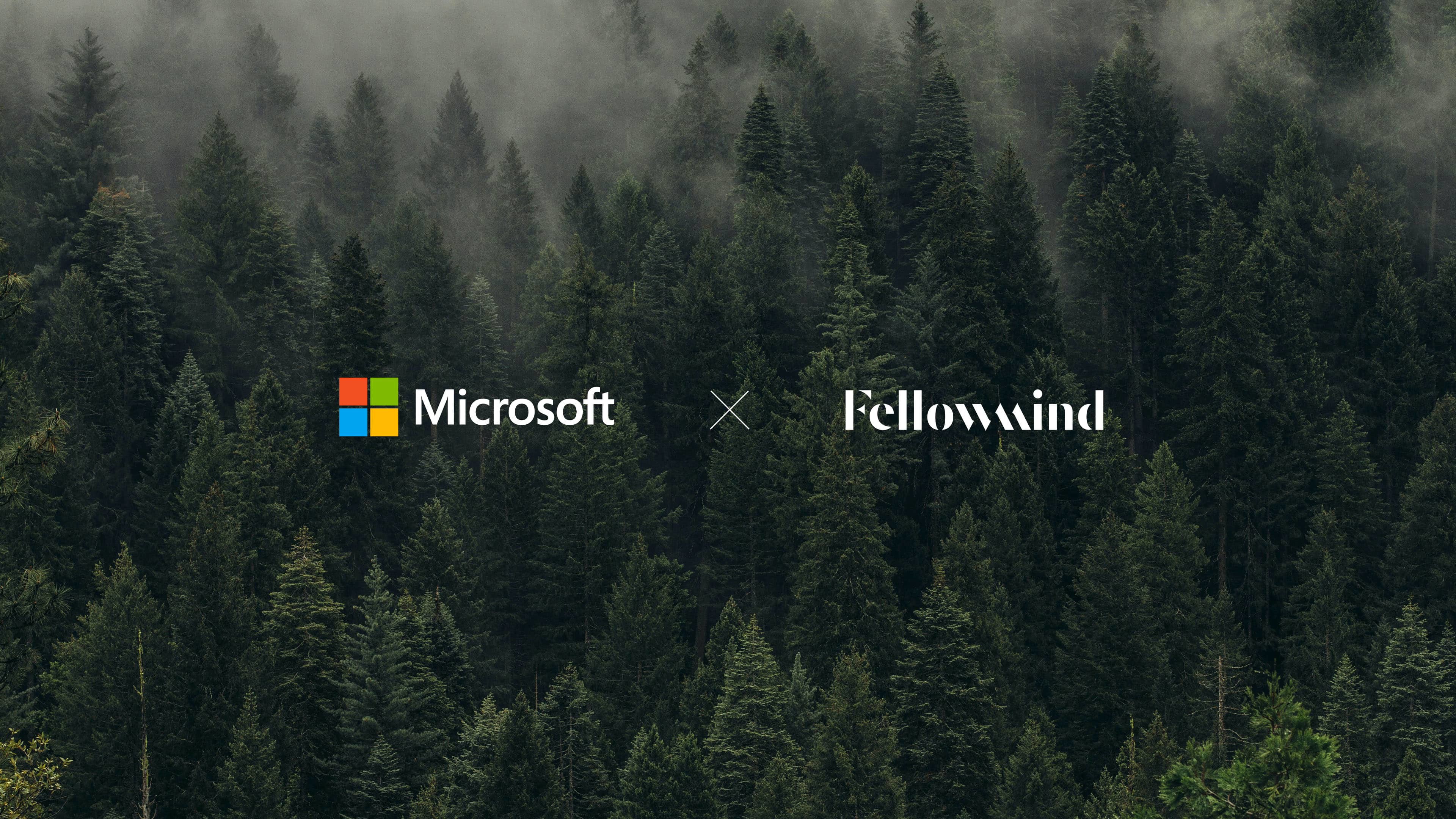 Microsoft- en Fellowmind-logo’s boven een mistig groenblijvend bos op de achtergrond